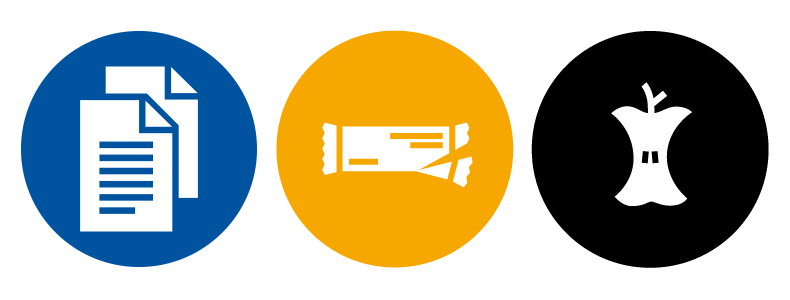Three pictograms next to each other. From the left: a blue circle with two white sheets of paper, a yellow circle with a white wrapper, a black circle with a white apple core.