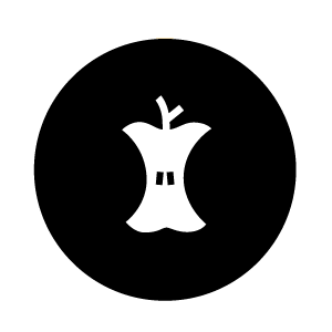 Pictogram with a black circle and a white apple core in white in the center.